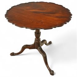 Georgian mahogany piecrust top tripod table, turned baluster column with acanthus carving,...