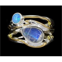 Silver and 14ct gold wire moonstone and opal ring, stamped 925
