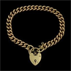 9ct gold curb link bracelet, with heart locket clasp hallmarked, each link stamped 9.375