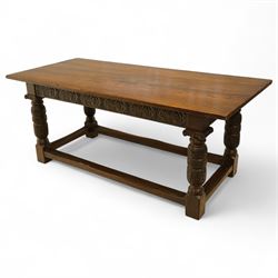 17th century revival oak refectory table, rectangular plank top above a scallop shell carv...