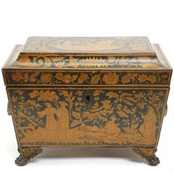 Regency period penwork tea caddy, of sarcophagus form, with chinoiserie decoration to the ...