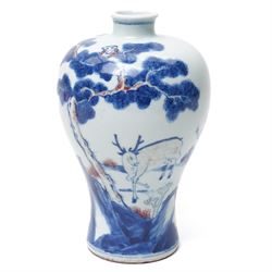 18th century Chinese blue and white meiping vase, decorated in blue and white with deer in...